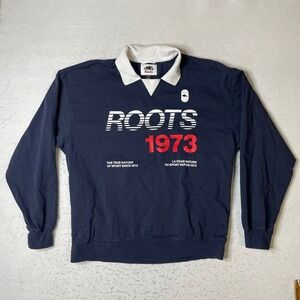Roots Mens 1973 Graphic Rugby Sweatshirt Navy Blue White Collar Large L/G